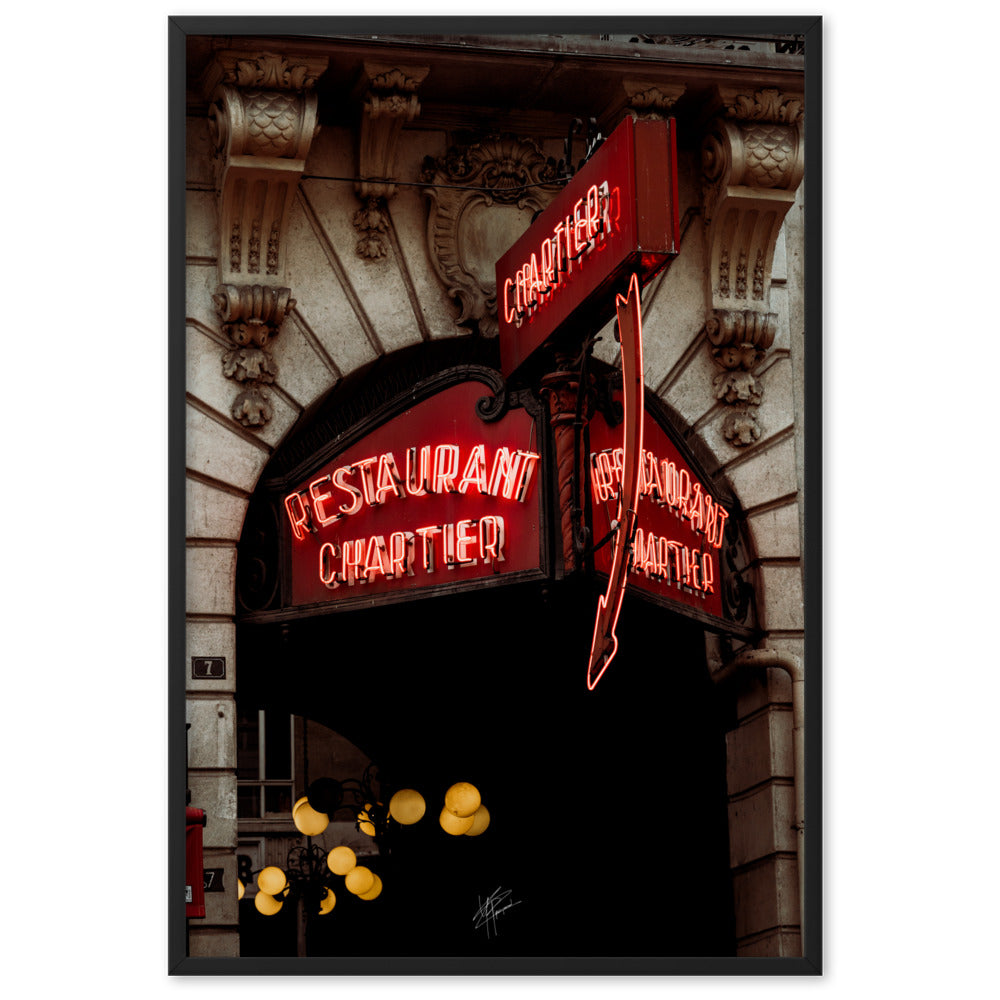 Poster artistique "Restaurant Chartier" montrant la façade classique du célèbre bistrot parisien avec son enseigne en néon.