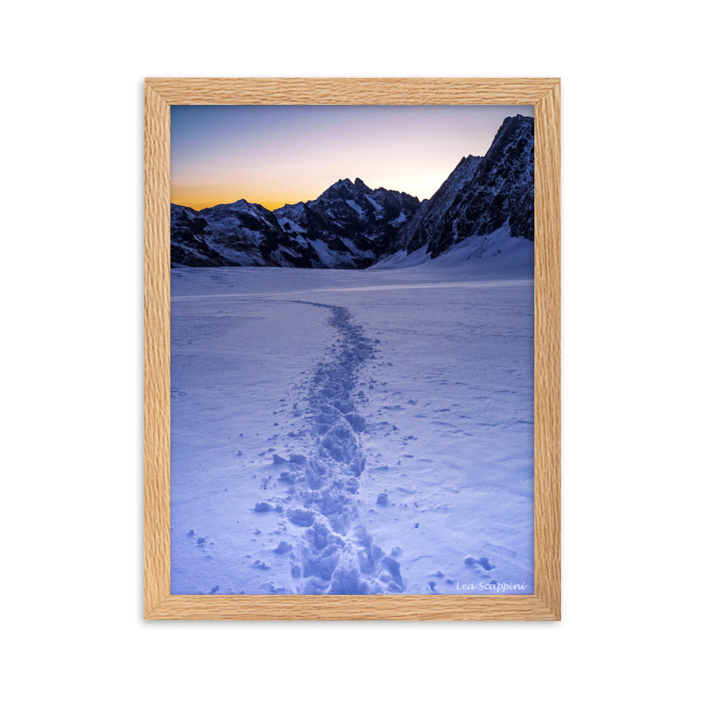 Image du poster "Glacier Blanc" par Léa Scappini, capturant le lever du jour sur un paysage montagneux enneigé.