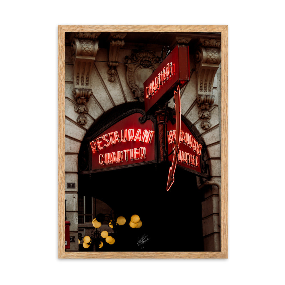 Poster artistique "Restaurant Chartier" montrant la façade classique du célèbre bistrot parisien avec son enseigne en néon.