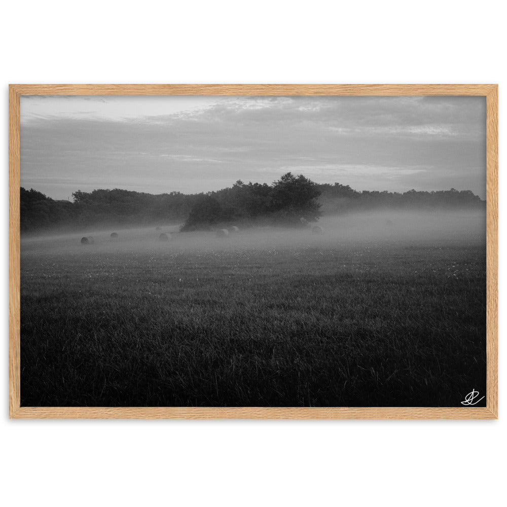 Photographie noir et blanc 'Brouillard' par Ilan Shoham, mettant en scène un paisible champ tourangeau où des ballots de paille émergent majestueusement du brouillard, incarnant la sérénité et la beauté mystique de la campagne française.