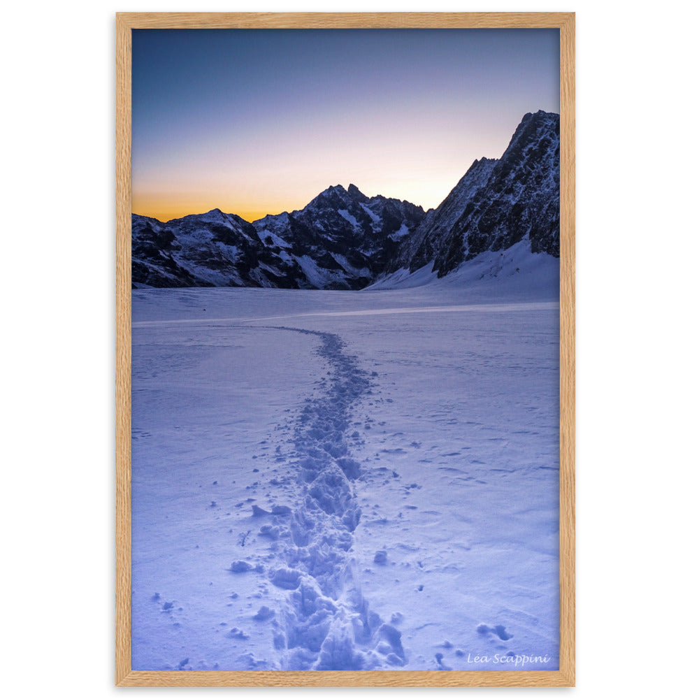 Image du poster "Glacier Blanc" par Léa Scappini, capturant le lever du jour sur un paysage montagneux enneigé.