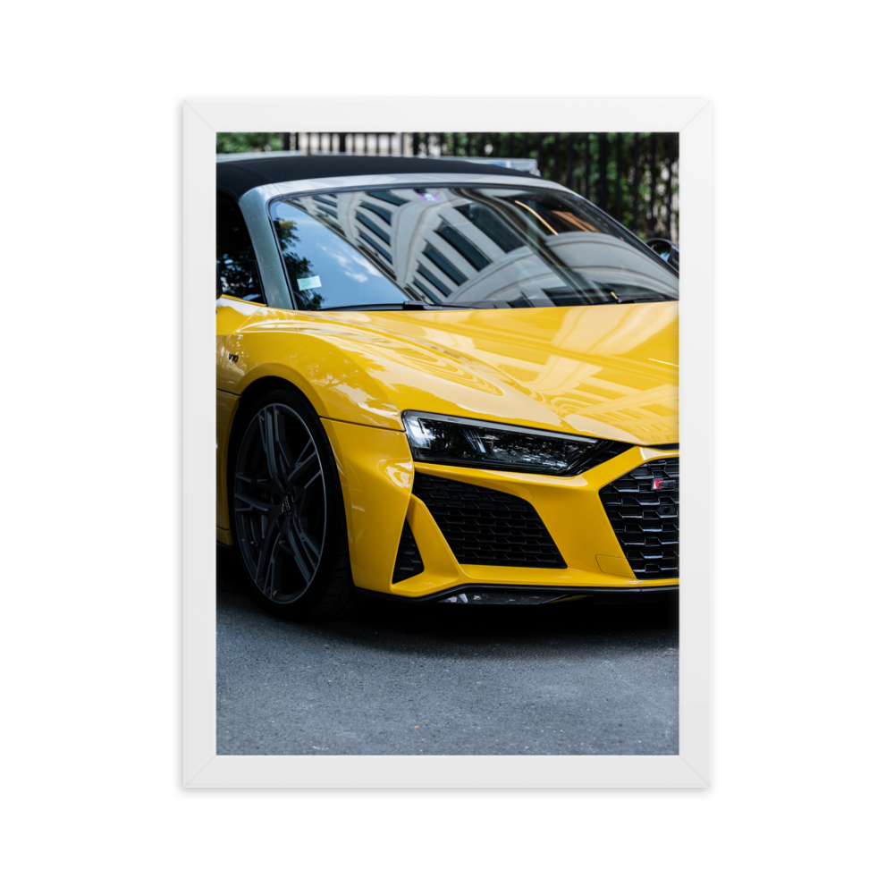 Poster de la photographie "Audi R8 V10 N02", mettant en scène une Audi R8 de dernière génération de couleur jaune.
