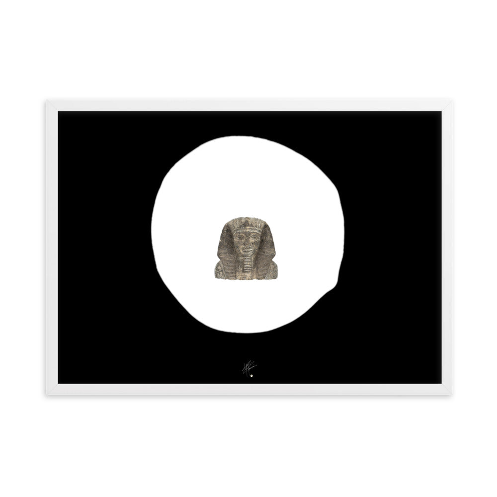 Poster encadré 'Buste Égyptien' mettant en avant un buste antique dans un éclairage moderne.