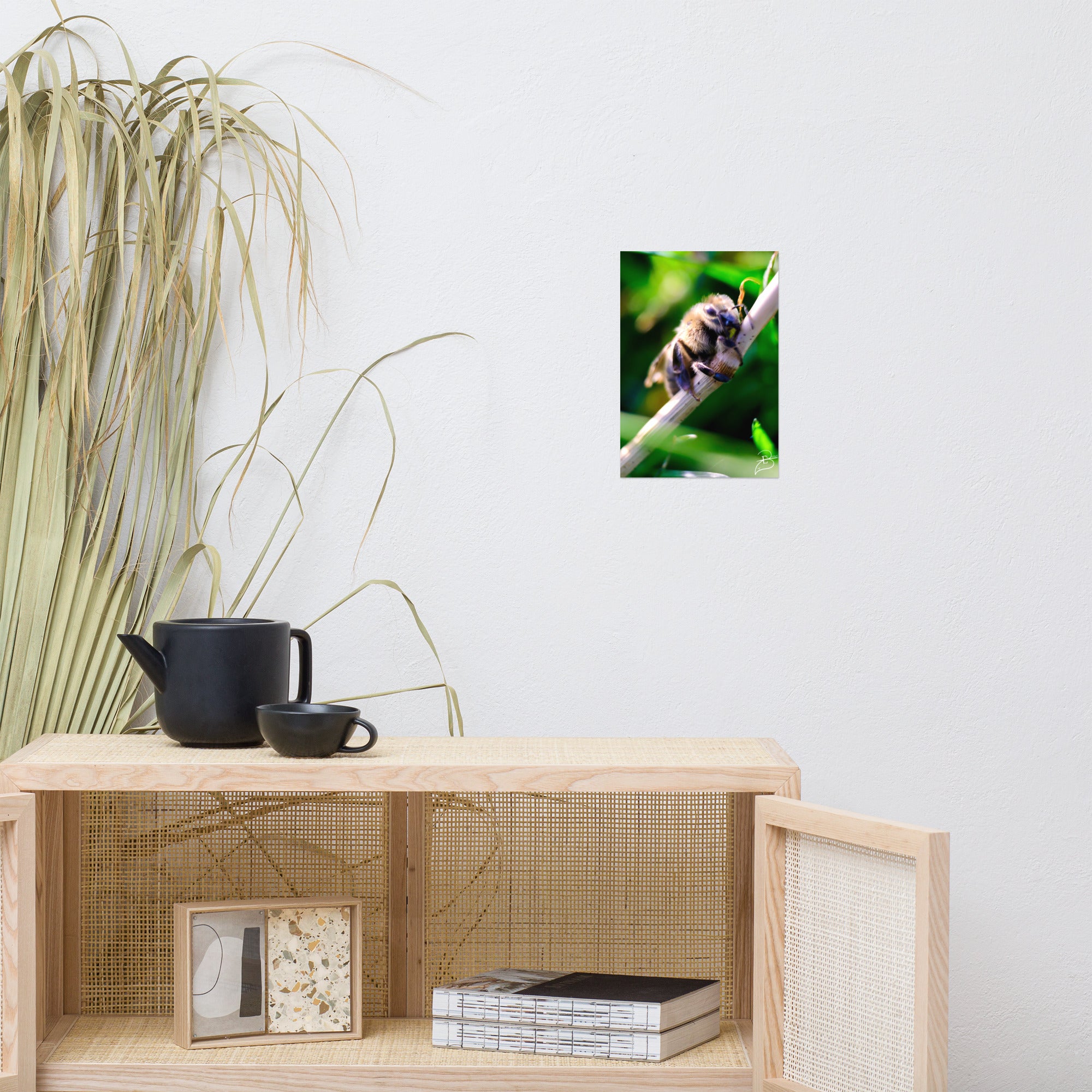 Photographie macro détaillée d'une abeille sauvage se posant sur une tige, capturant la complexité de sa structure, par Eli Bernet.