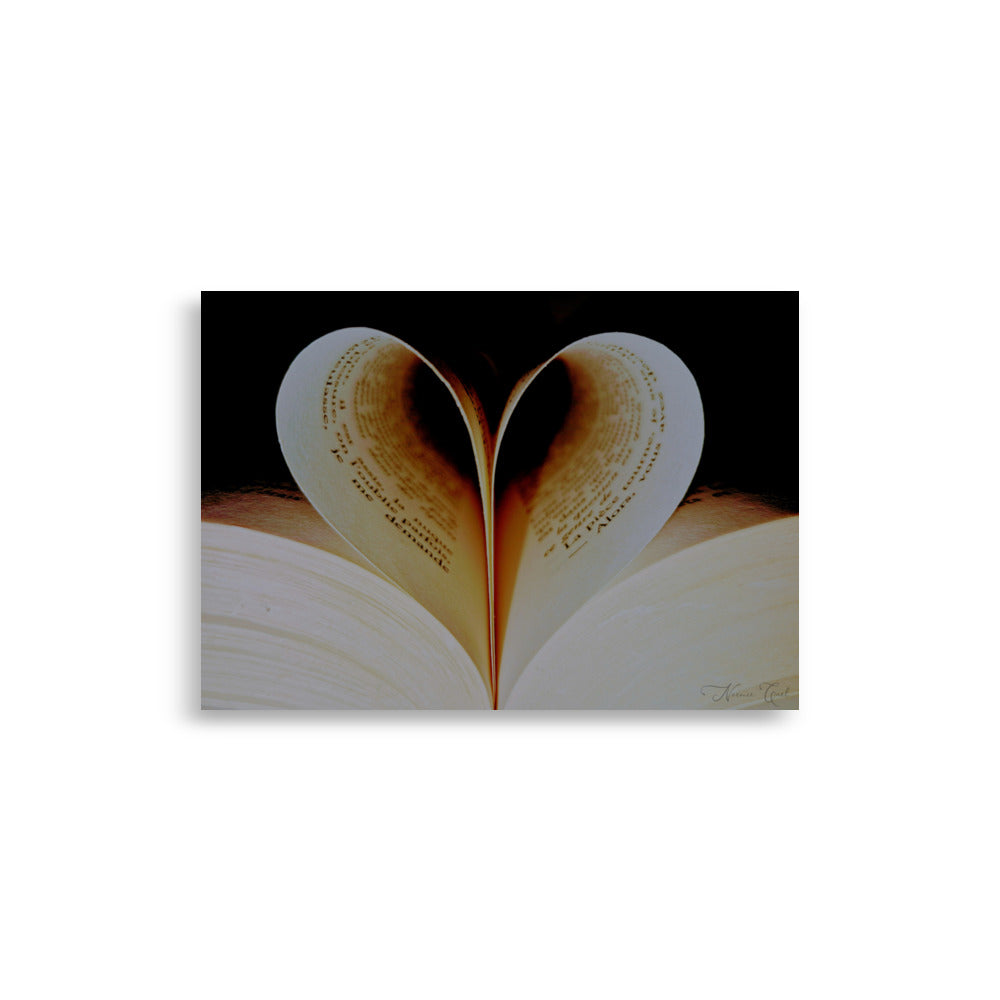 Poster "Amour Littérature" montrant des pages de livre en forme de cœur, symbolisant la passion pour la lecture.