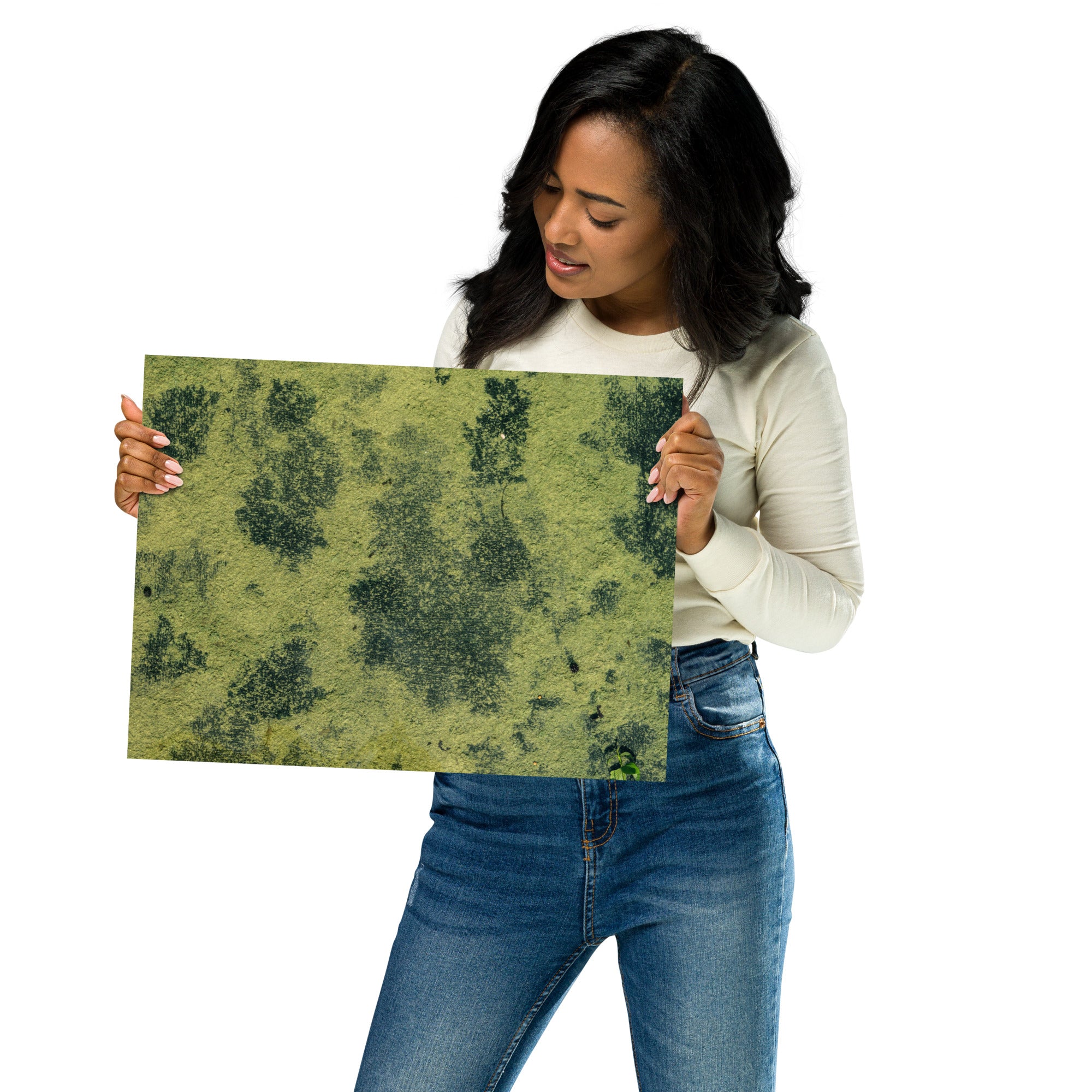 Poster d'une photographie d'un fleuve camouflé par des algues vertes, ressemblant à une peinture