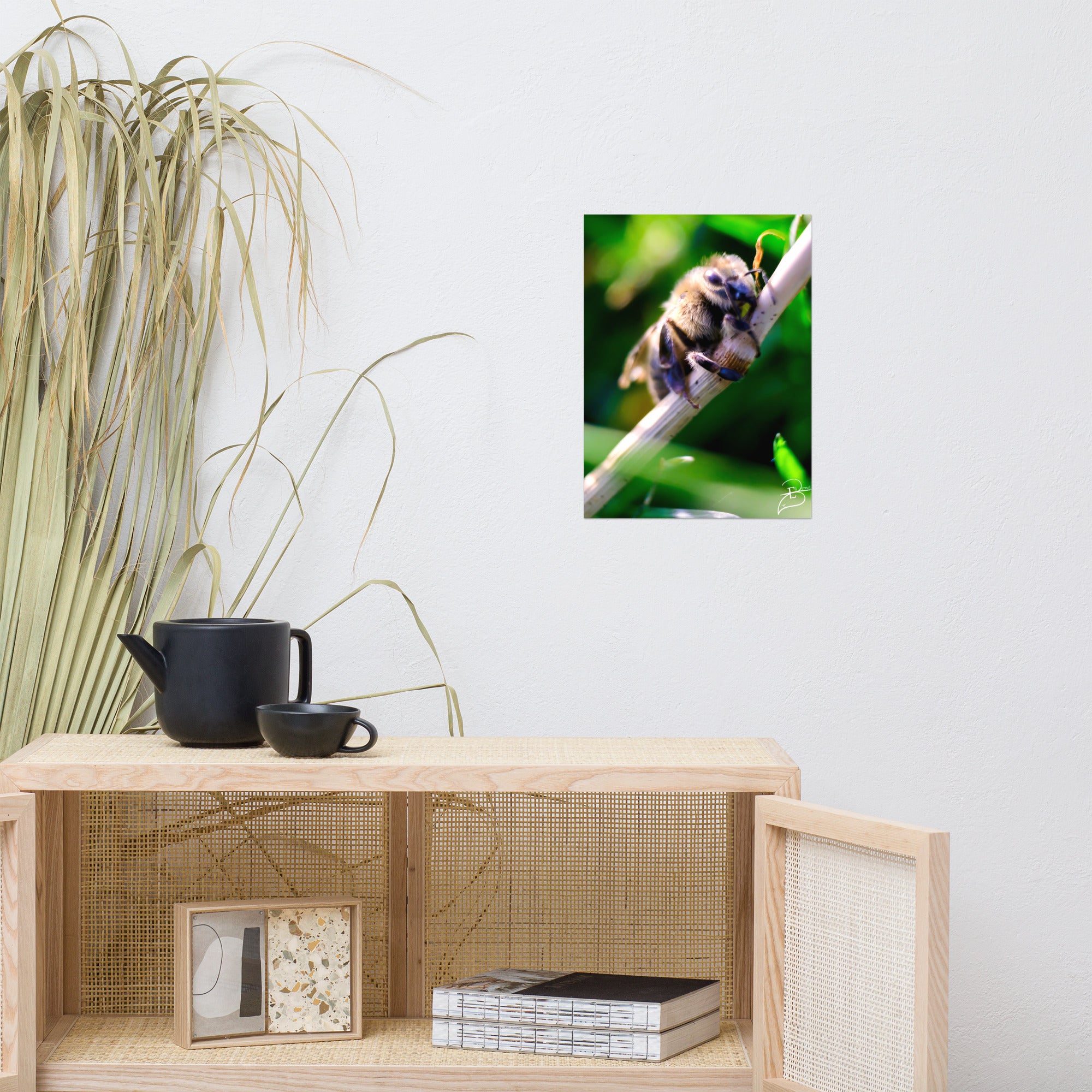 Photographie macro détaillée d'une abeille sauvage se posant sur une tige, capturant la complexité de sa structure, par Eli Bernet.