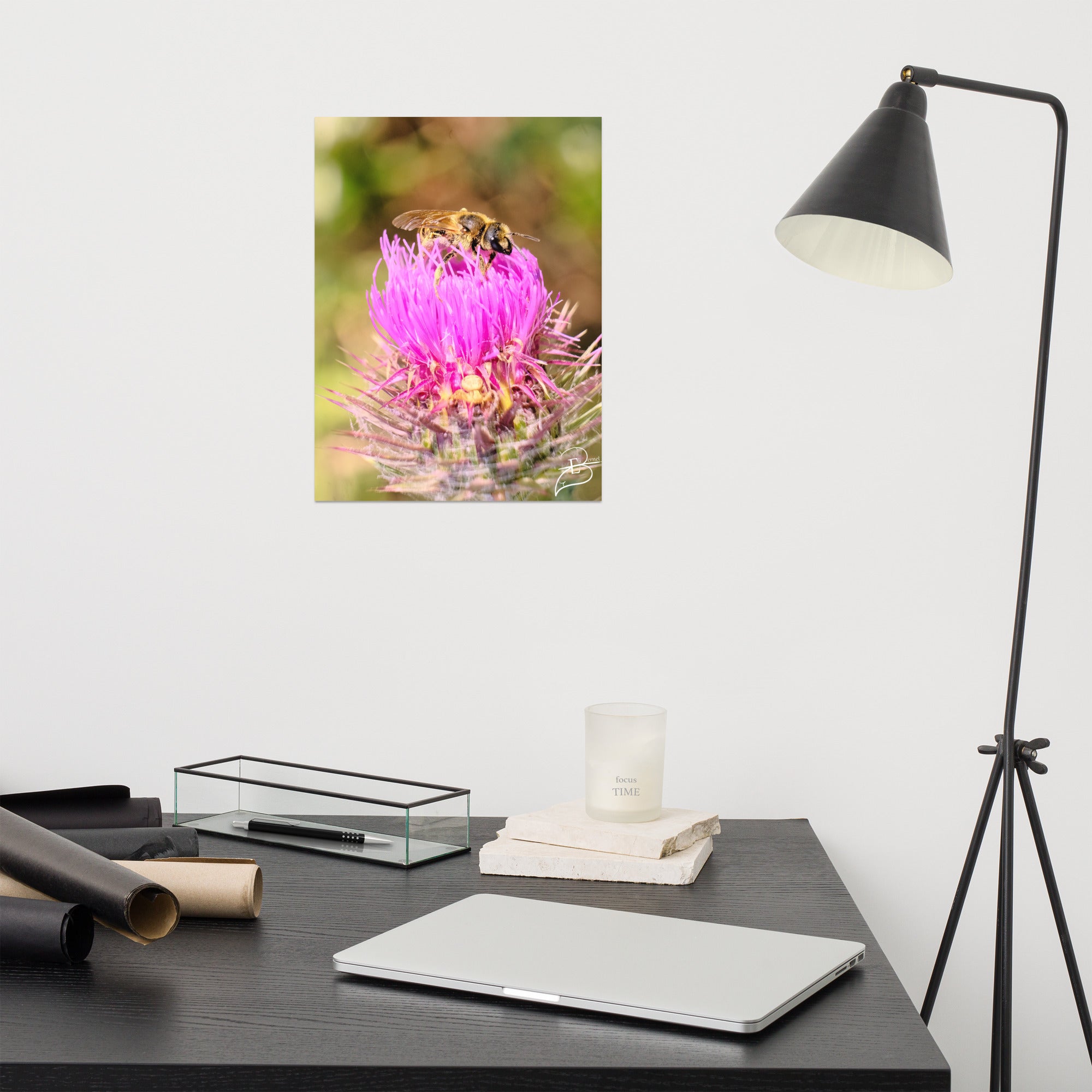 Photographie détaillée d'une abeille collectant du pollen sur une fleur de chardon marie, mettant en évidence la complexité de la nature, œuvre d'Eli Bernet.