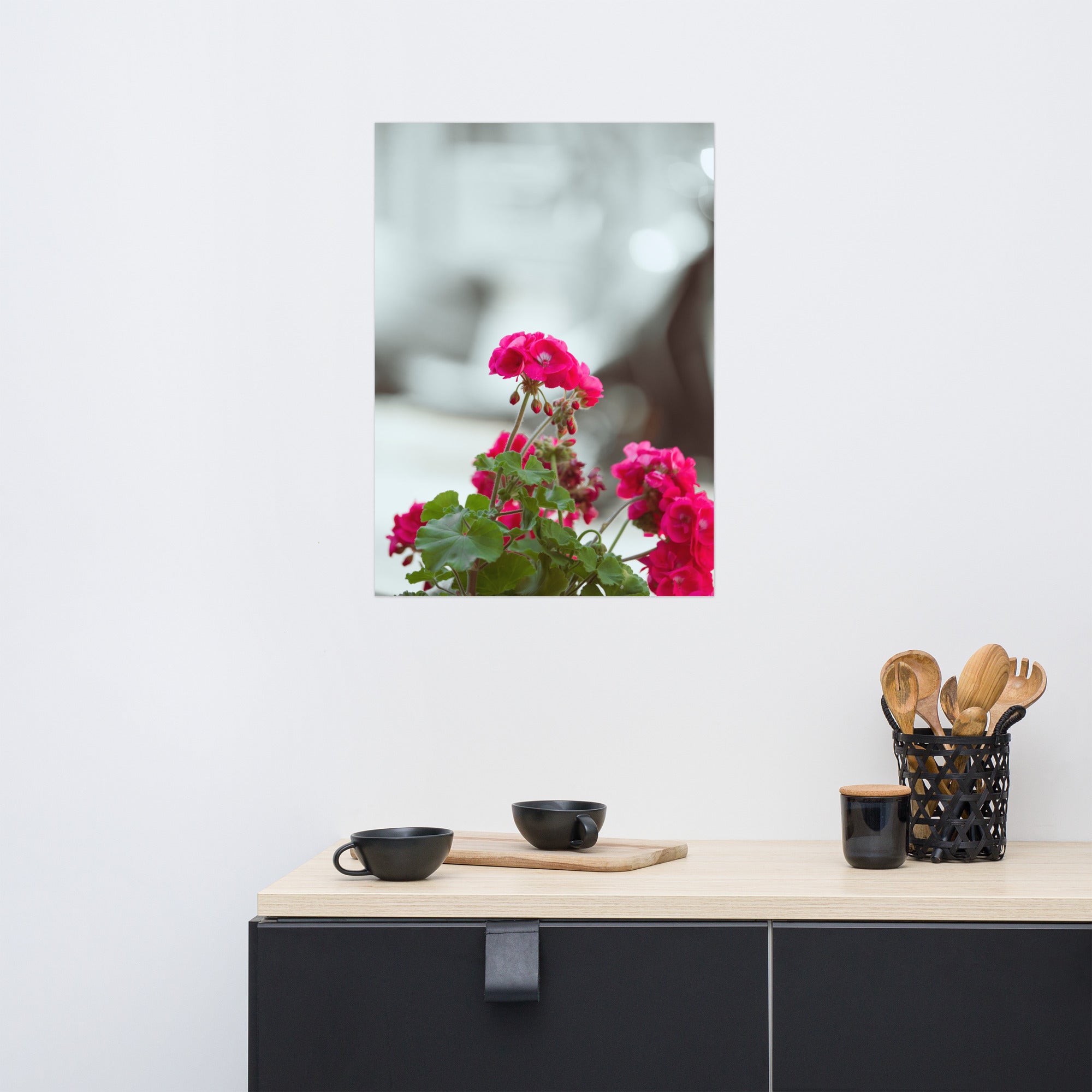 Poster 'Géraniums' présentant une photographie détaillée de géraniums en pleine floraison.