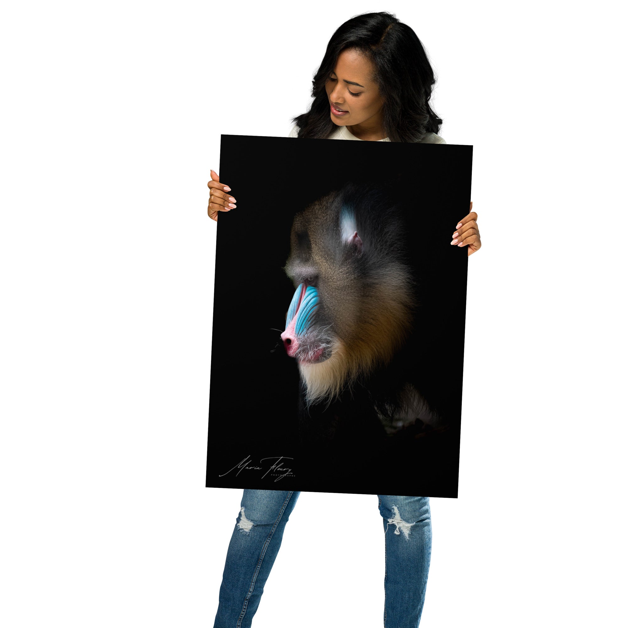 Portrait en profil d'un Mandrill aux couleurs vives, sur fond noir, œuvre artistique signée par Mademoiselle M et Maria Fleury.