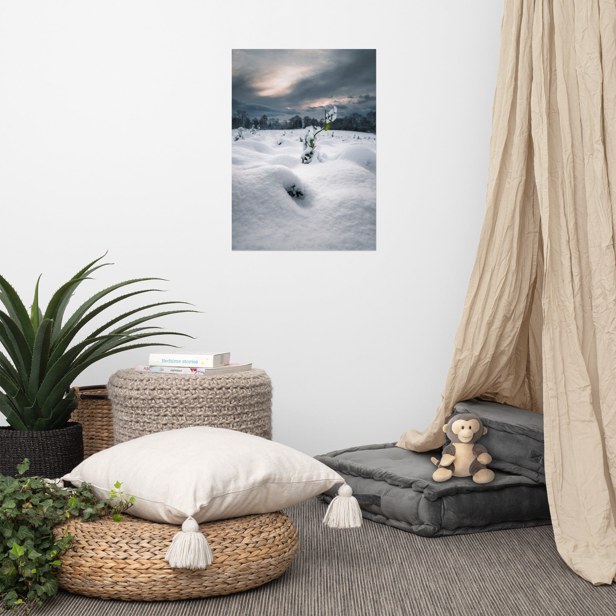 Photographie hivernale captivante montrant une plante verte solitaire au milieu d'un paysage enneigé, avec une forêt lointaine et un ciel nuageux en arrière-plan, œuvre de Florian Vaucher.