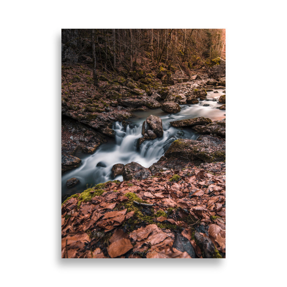 "Cascade d'Automne" de Florian Vaucher, un magnifique tableau représentant une cascade paisible parmi les feuilles d'automne.