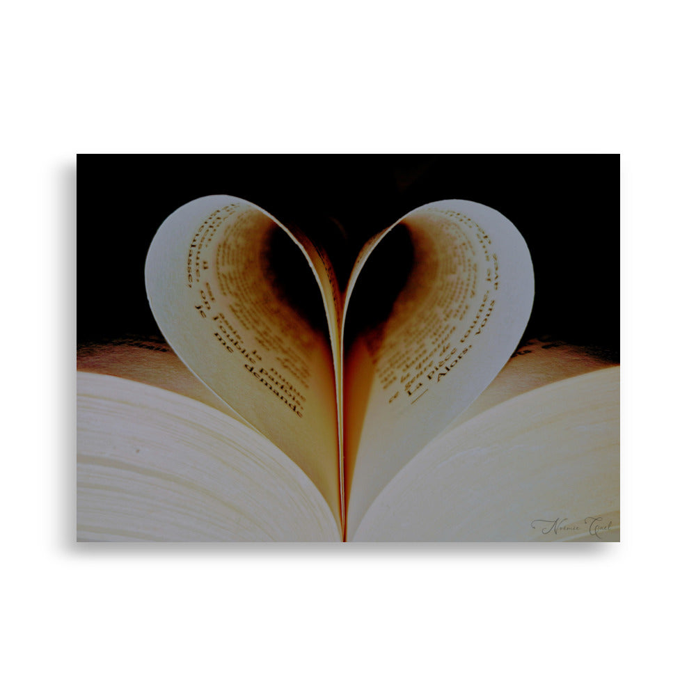 Poster "Amour Littérature" montrant des pages de livre en forme de cœur, symbolisant la passion pour la lecture.