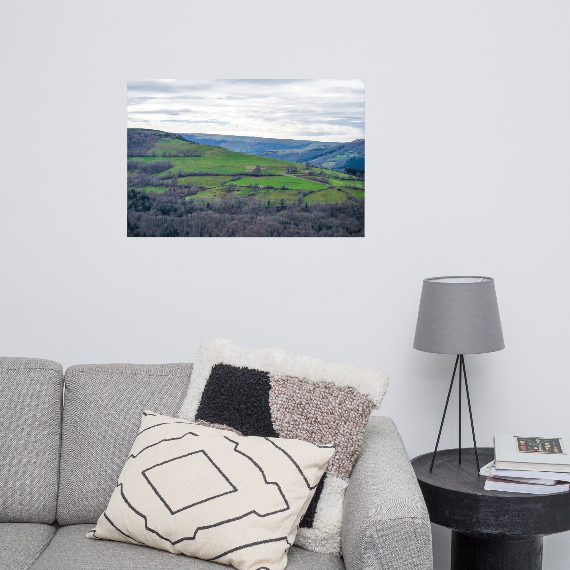 Paysage du Cantal : forêt dense à côté de prairies verdoyantes en haute altitude.