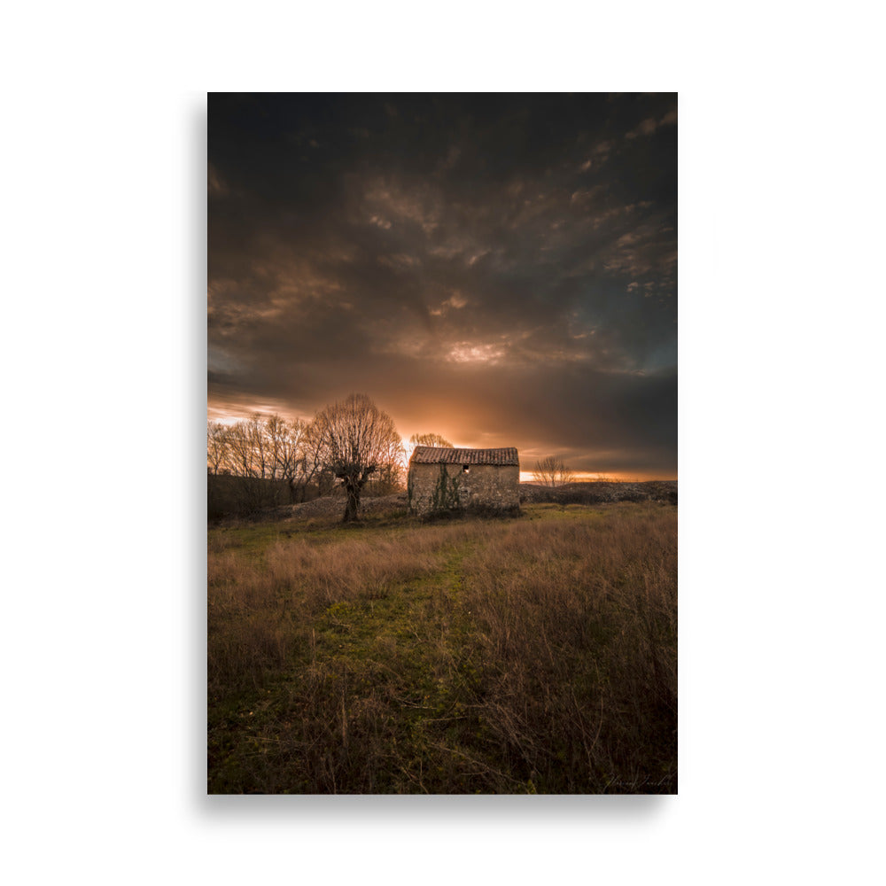 Photographie d'une maison de campagne abandonnée, un arbre solitaire, et un coucher de soleil doré en Occitanie, capturée par Florian Vaucher.