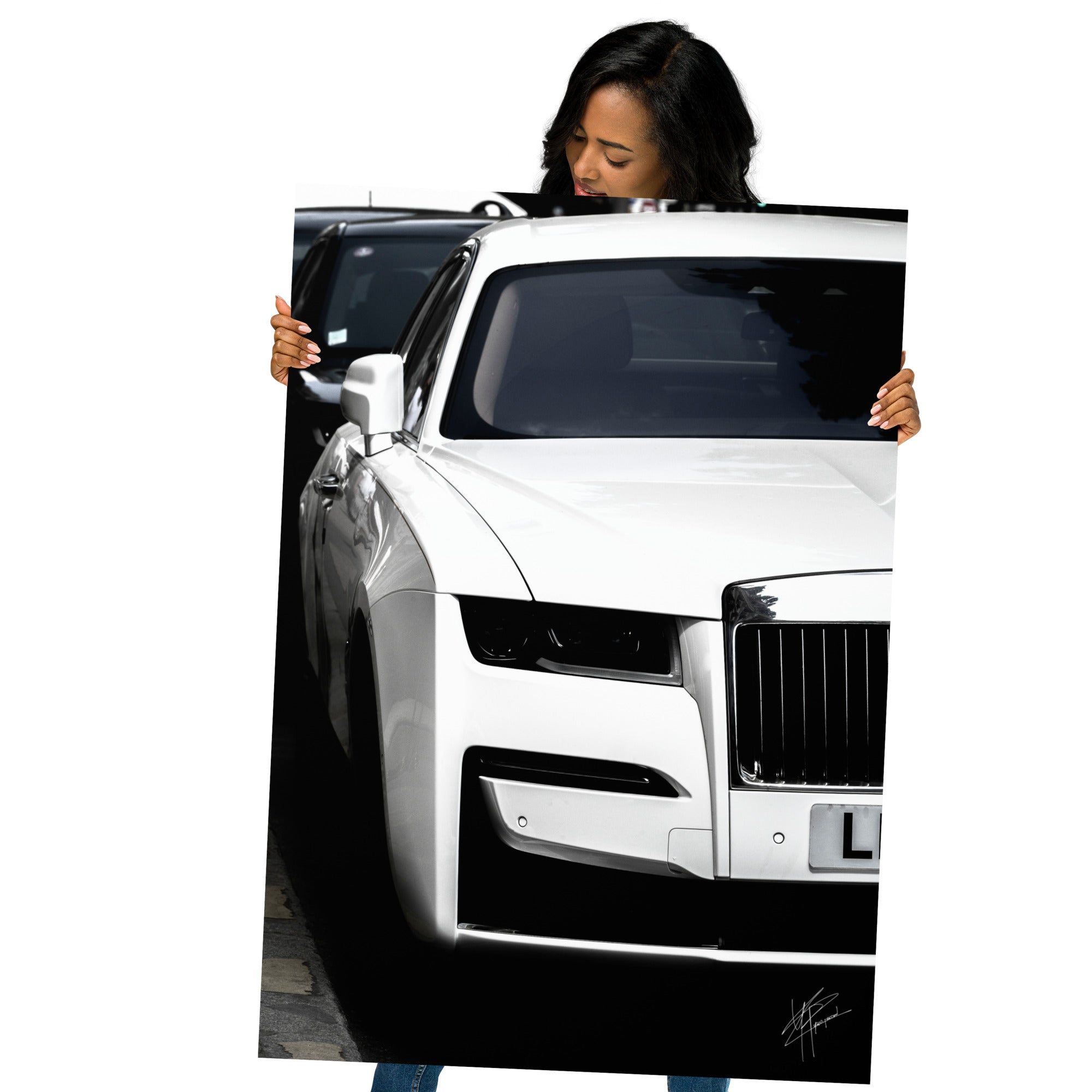 Photographie en noir et blanc de la luxueuse Rolls-Royce Ghost.