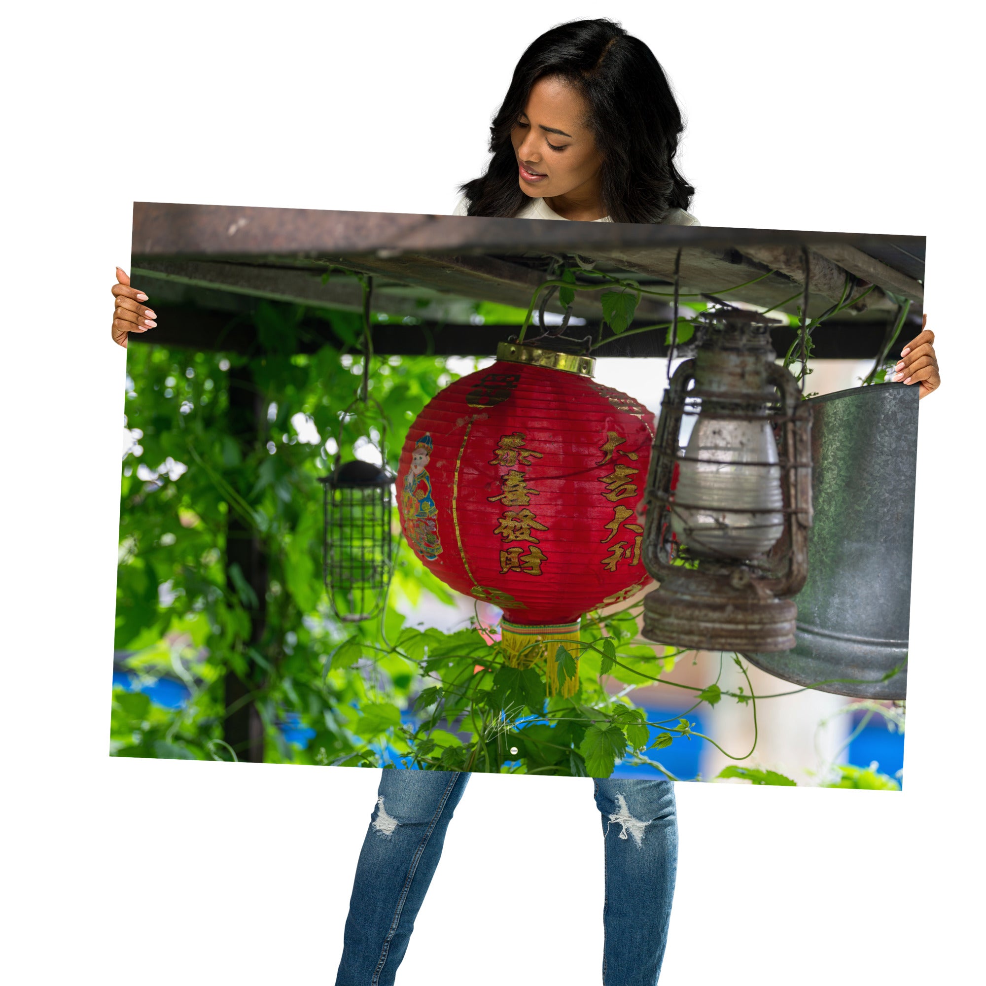 Poster du 'Lanterne Asiatique', une photographie capturant une lanterne suspendue entourée de plantes vertes, symbolisant l'harmonie et la quiétude.