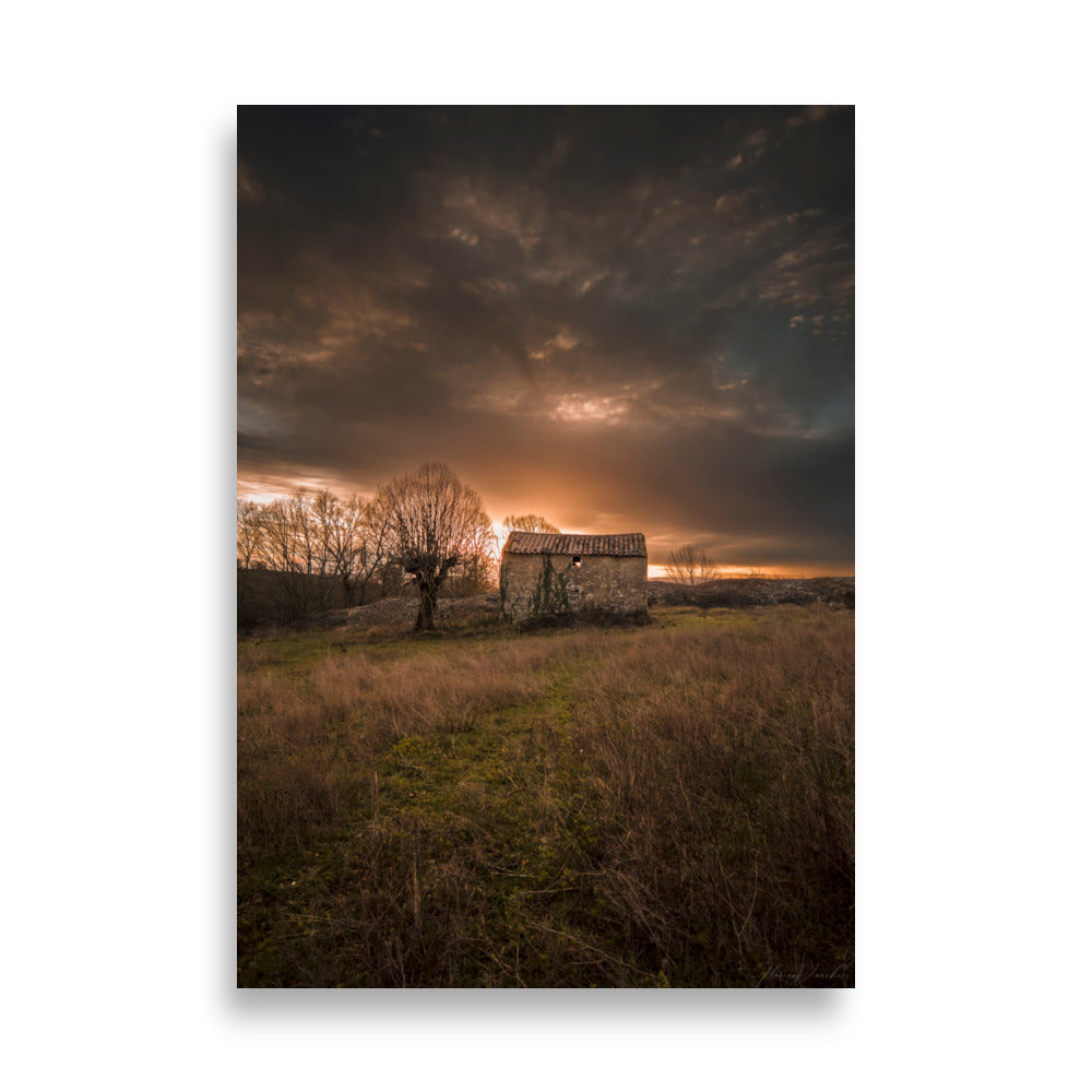 Photographie d'une maison de campagne abandonnée, un arbre solitaire, et un coucher de soleil doré en Occitanie, capturée par Florian Vaucher.