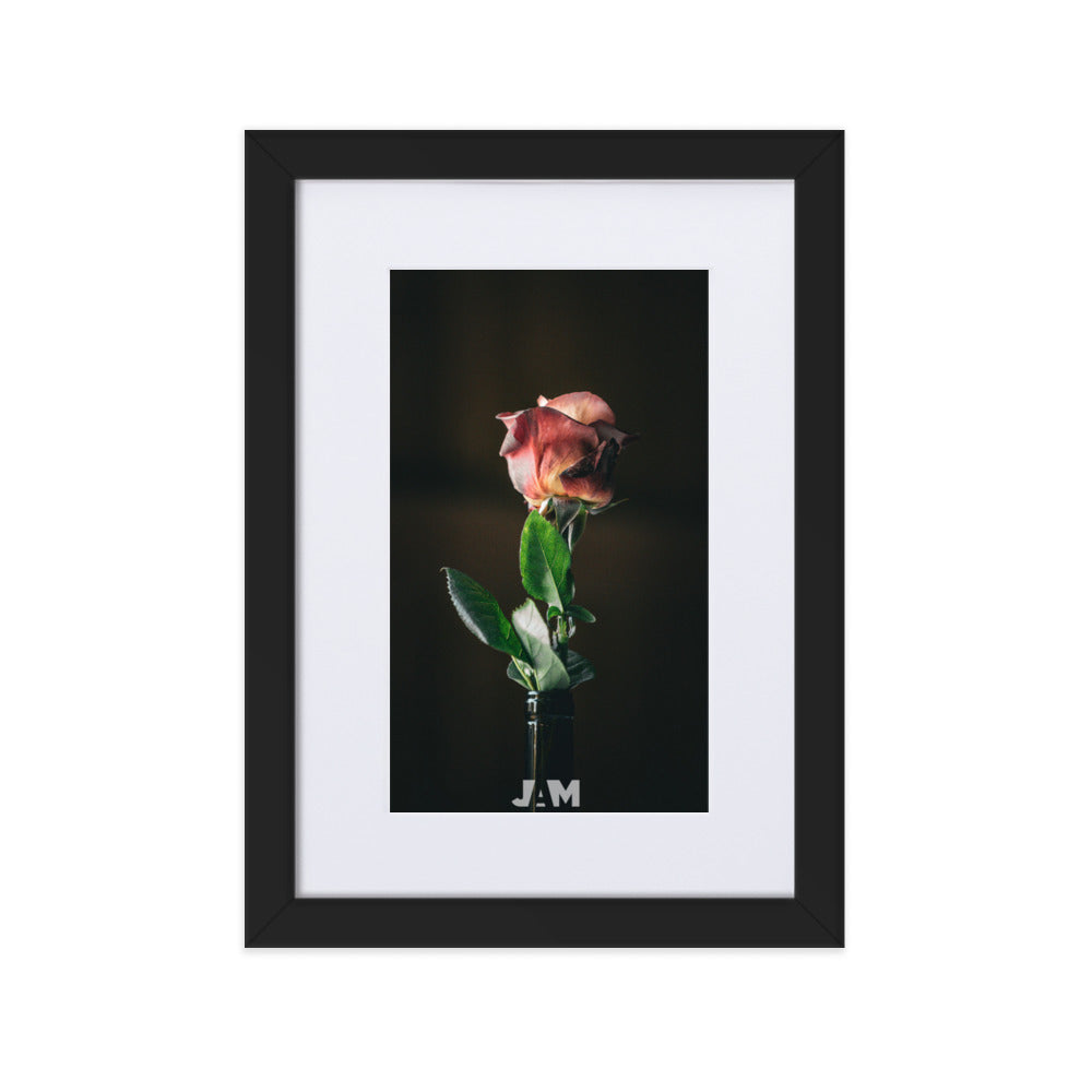 Poster 'Fleur en bouteille' de Julien Arnold, illustrant une délicate fleur rose rouge, gracieusement positionnée dans une bouteille en verre, symbolisant l'épure et la beauté tranquille dans un art mural minimaliste.