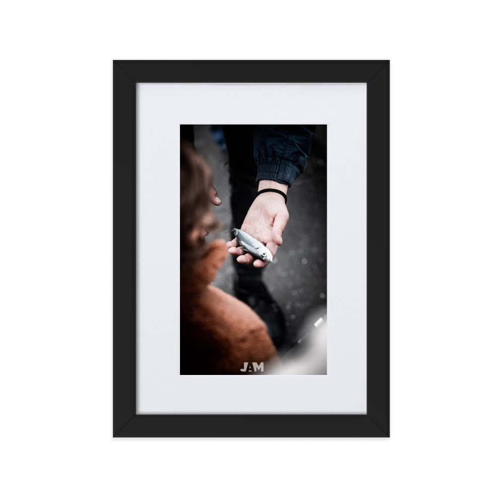 Photographie 'Prise du Jour : Une Connexion Éphémère' de Julien Arnold Movie, montrant une main humaine tenant délicatement un poisson, symbolisant la connexion fragile avec la nature.