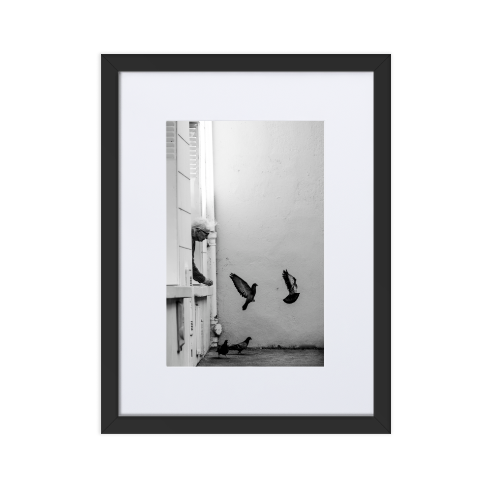 Poster noir et blanc d'une dame nourrissant les pigeons à Paris