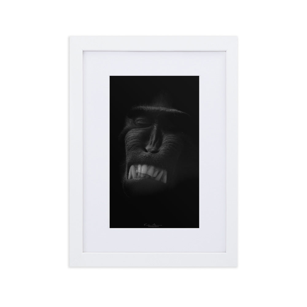 Photographie 'Sourire Agressif' de Victor Marre, représentant un visage partiel en noir et blanc, évoquant une intense expression émotionnelle.
