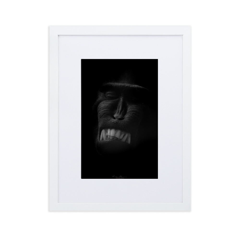 Photographie 'Sourire Agressif' de Victor Marre, représentant un visage partiel en noir et blanc, évoquant une intense expression émotionnelle.