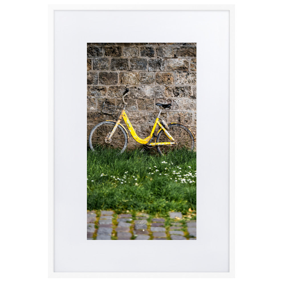 Poster encadré 'Naufrage' montrant un vélo en libre-service jaune récupéré de la Seine, avec des marques de rouille, symbolisant la transformation et le temps écoulé.