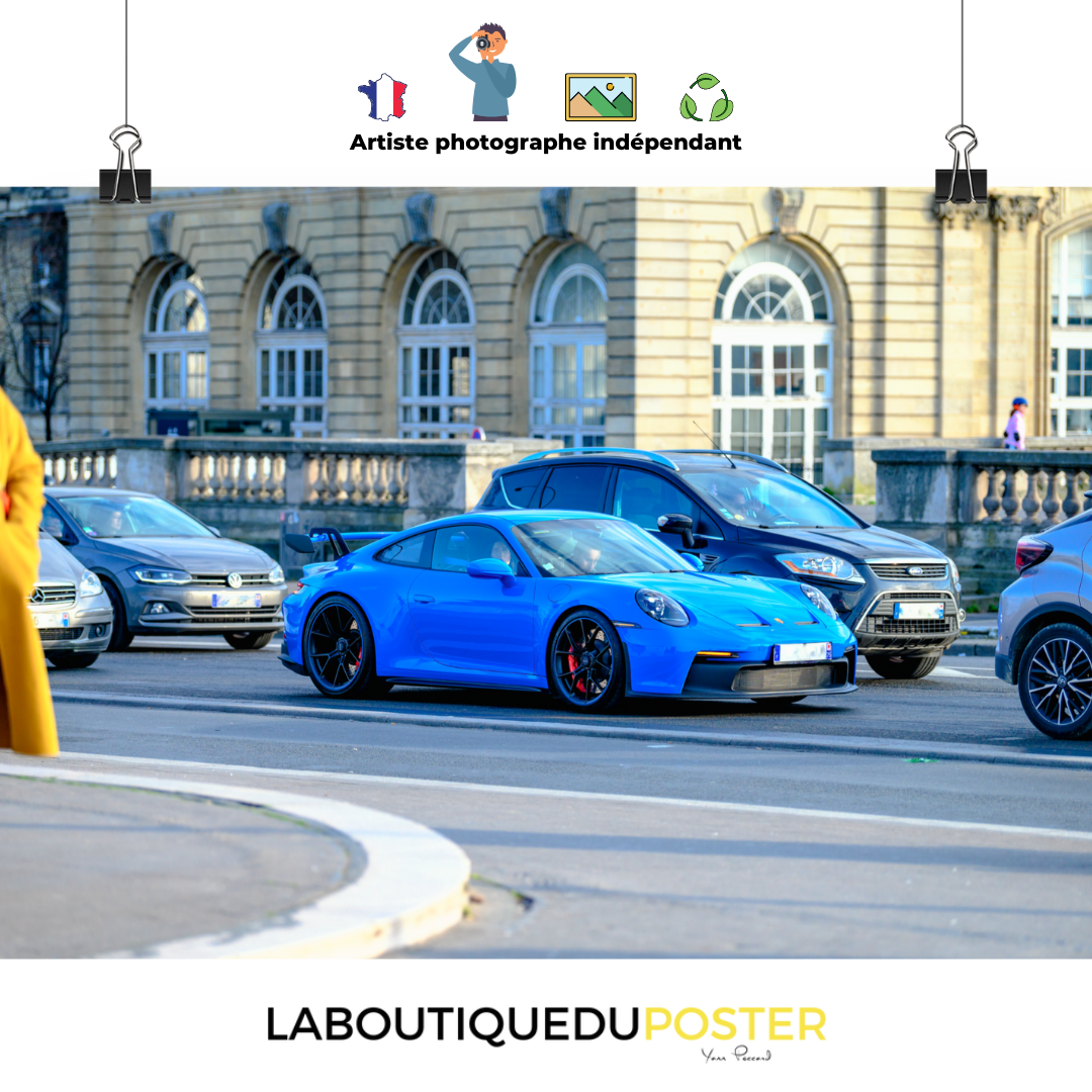 Poster mural - Porsche GT3 Bleu – Photographie de voiture – Poster photo, poster XXL, photographie murale et des posters muraux unique au monde. La boutique de posters créée par Yann Peccard un Photographe français.